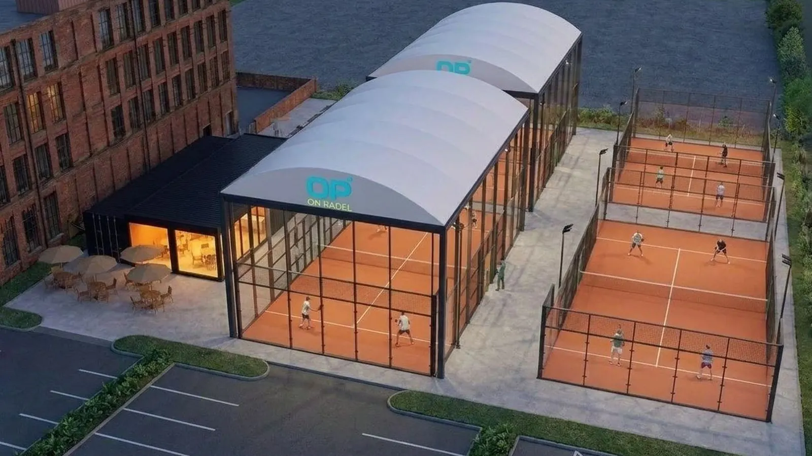 Aerial view of indoor and outdoor padel courts