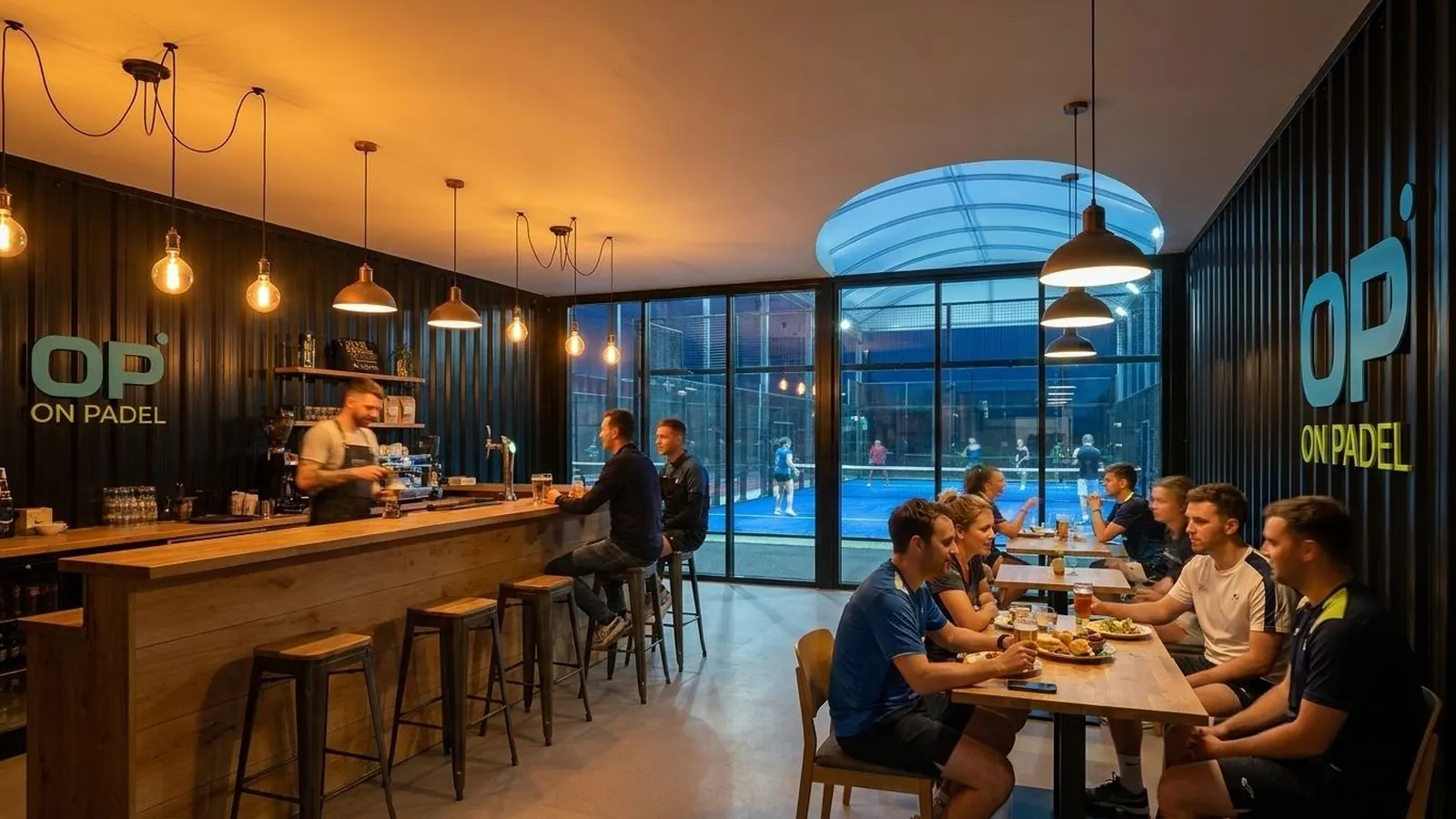 Players in a padel clubhouse bar