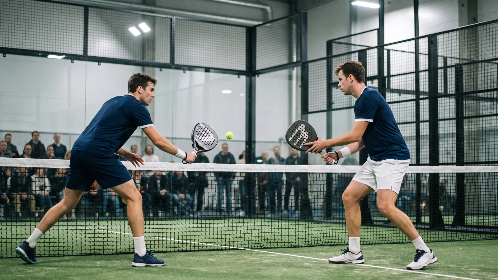a doubles pair attacking at the net with volleys on an indoor arena padel court under bright lights, glass walls, crowd softly blurred