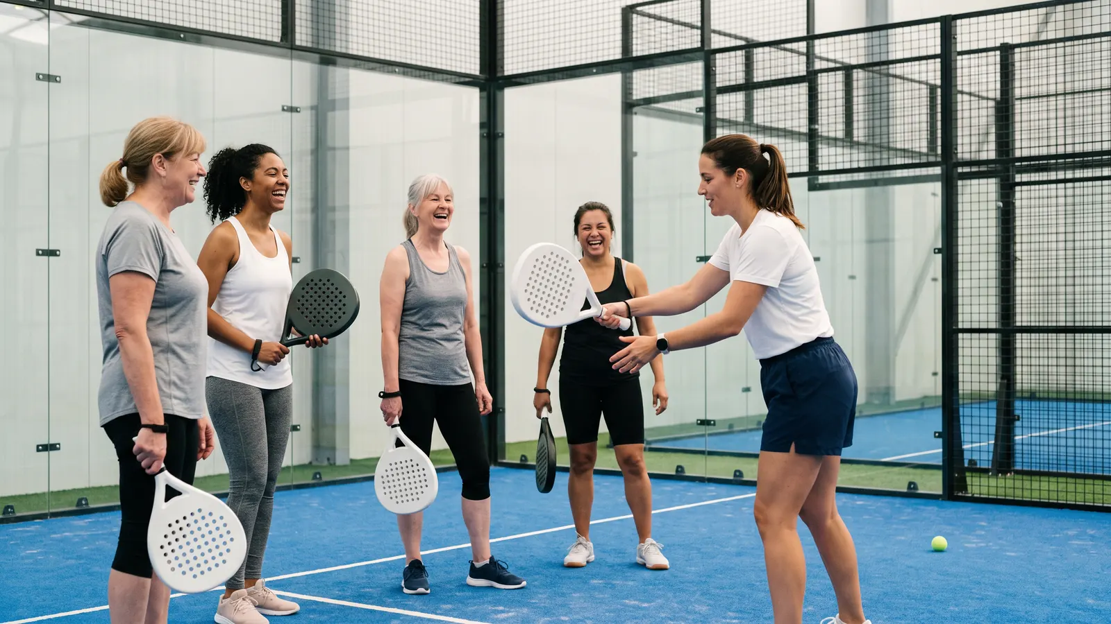 a group of women of mixed ages and backgrounds on their first padel lesson, smiling, a coach demonstrating a forehand on an indoor blue cour