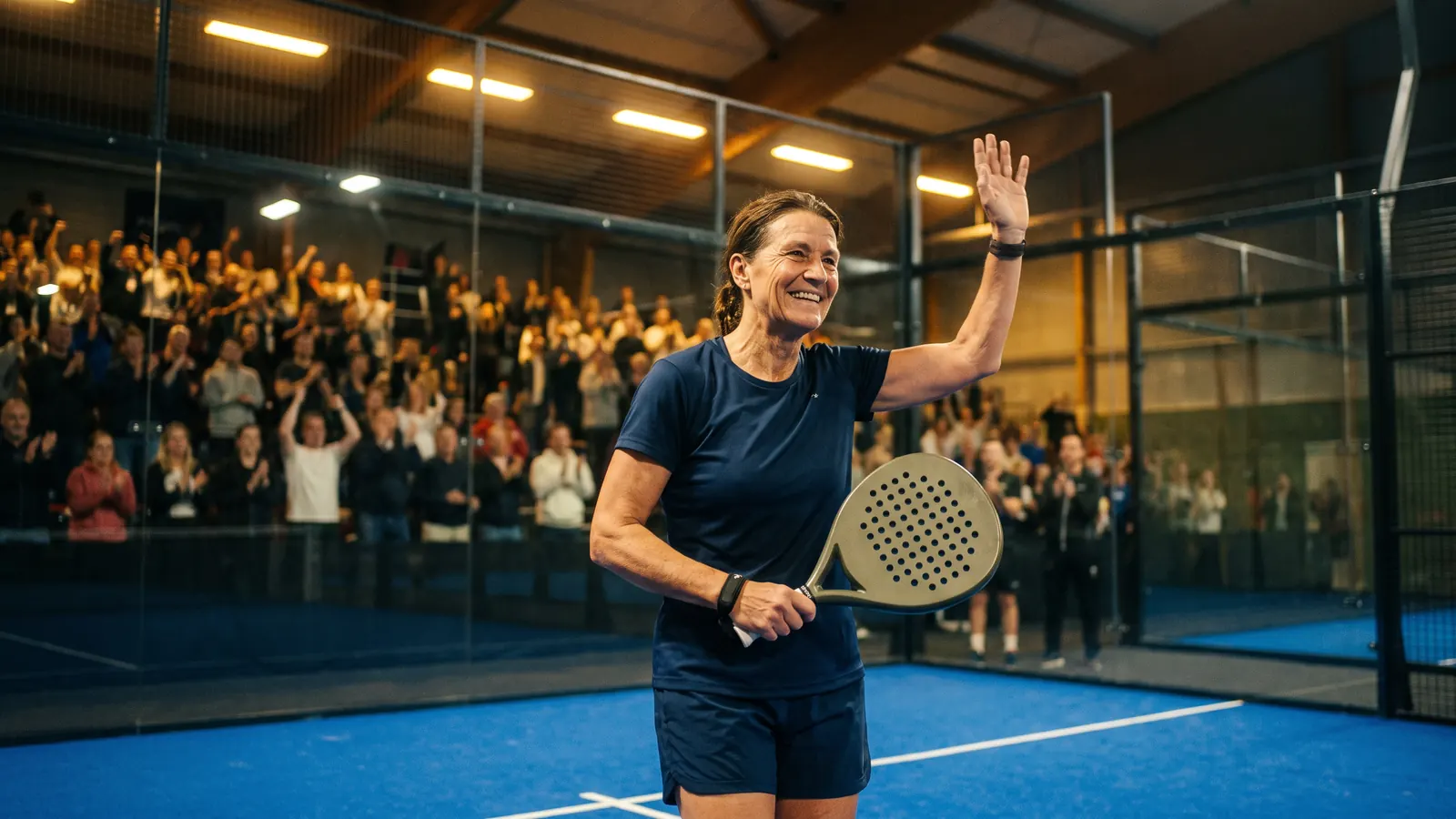 a veteran female padel player waving to a cheering crowd from a blue indoor padel court, glass walls behind her, warm arena lights