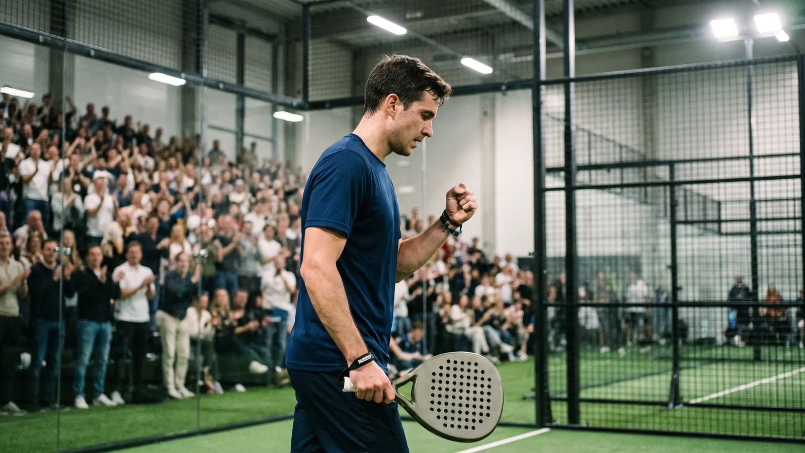 a padel player in an indoor arena clenching a fist in celebration after winning a point, glass walls behind, packed crowd in soft focus, bri