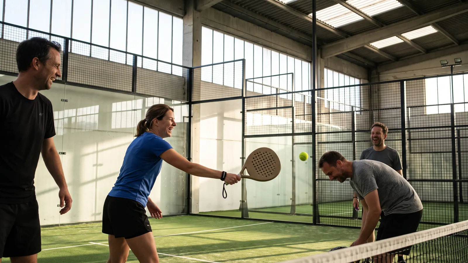 a mixed group of adult beginners laughing during a social game on an indoor padel court in a converted warehouse, solid perforated rackets,