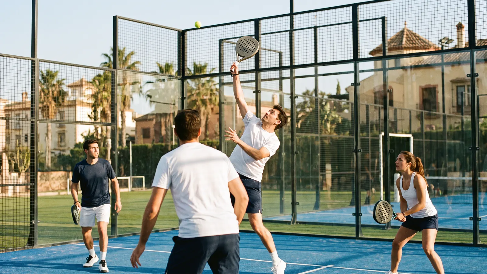 two padel pairs in a doubles rally on an outdoor glass court on a sunny Spanish afternoon, one player hitting a high overhead, palm trees be