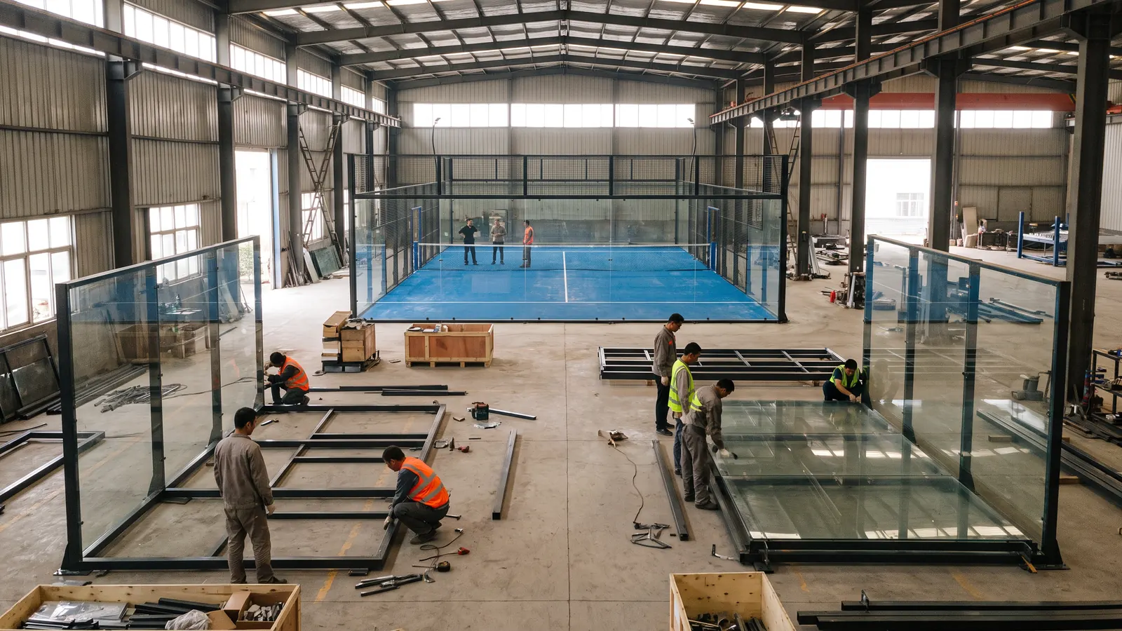 a large bright factory hall where steel padel court frames and glass panels are being assembled, with a finished blue panoramic padel court