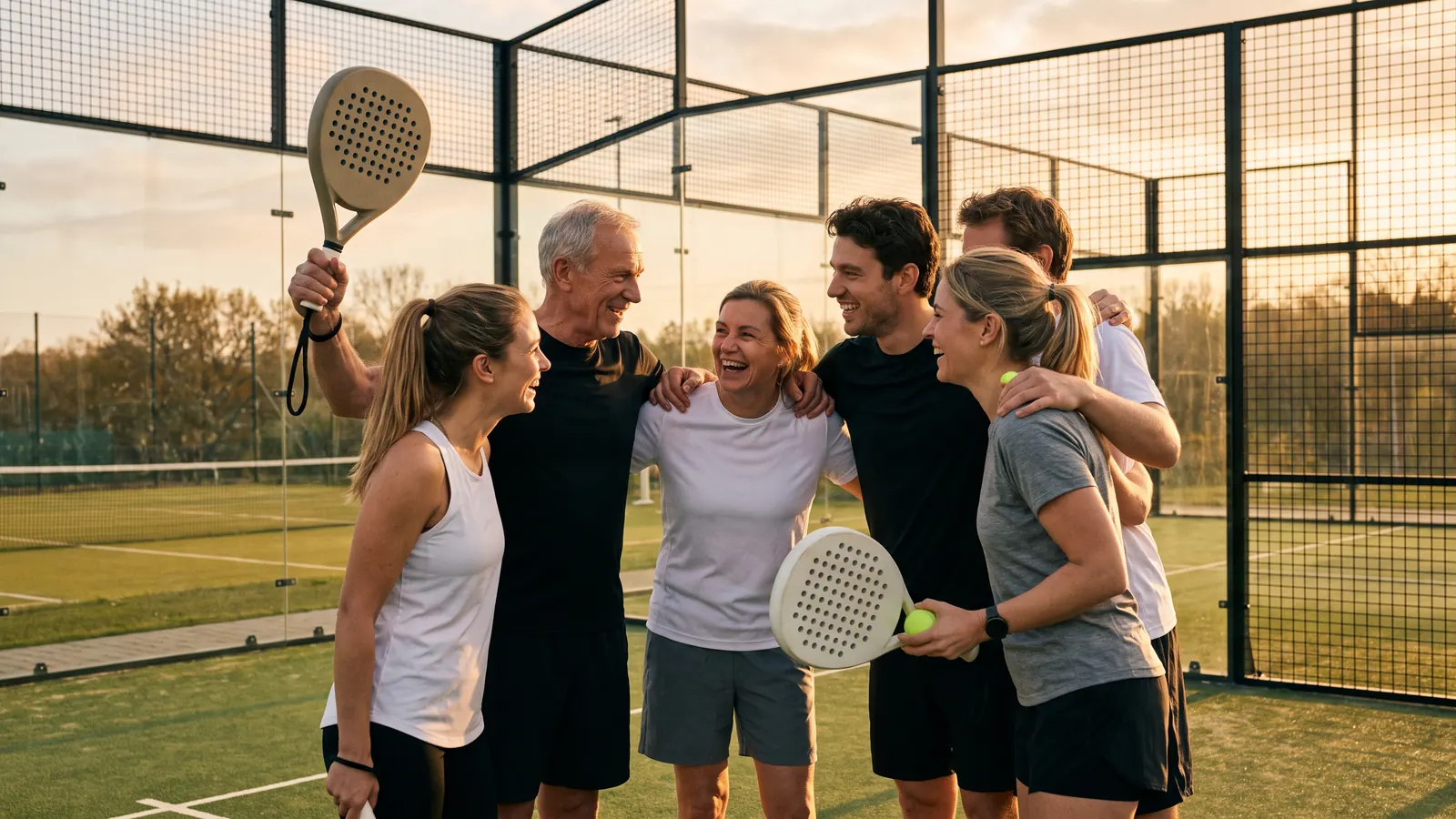 a mixed group of amateur padel players of different ages celebrating together on an outdoor glass padel court at golden hour, solid perforat