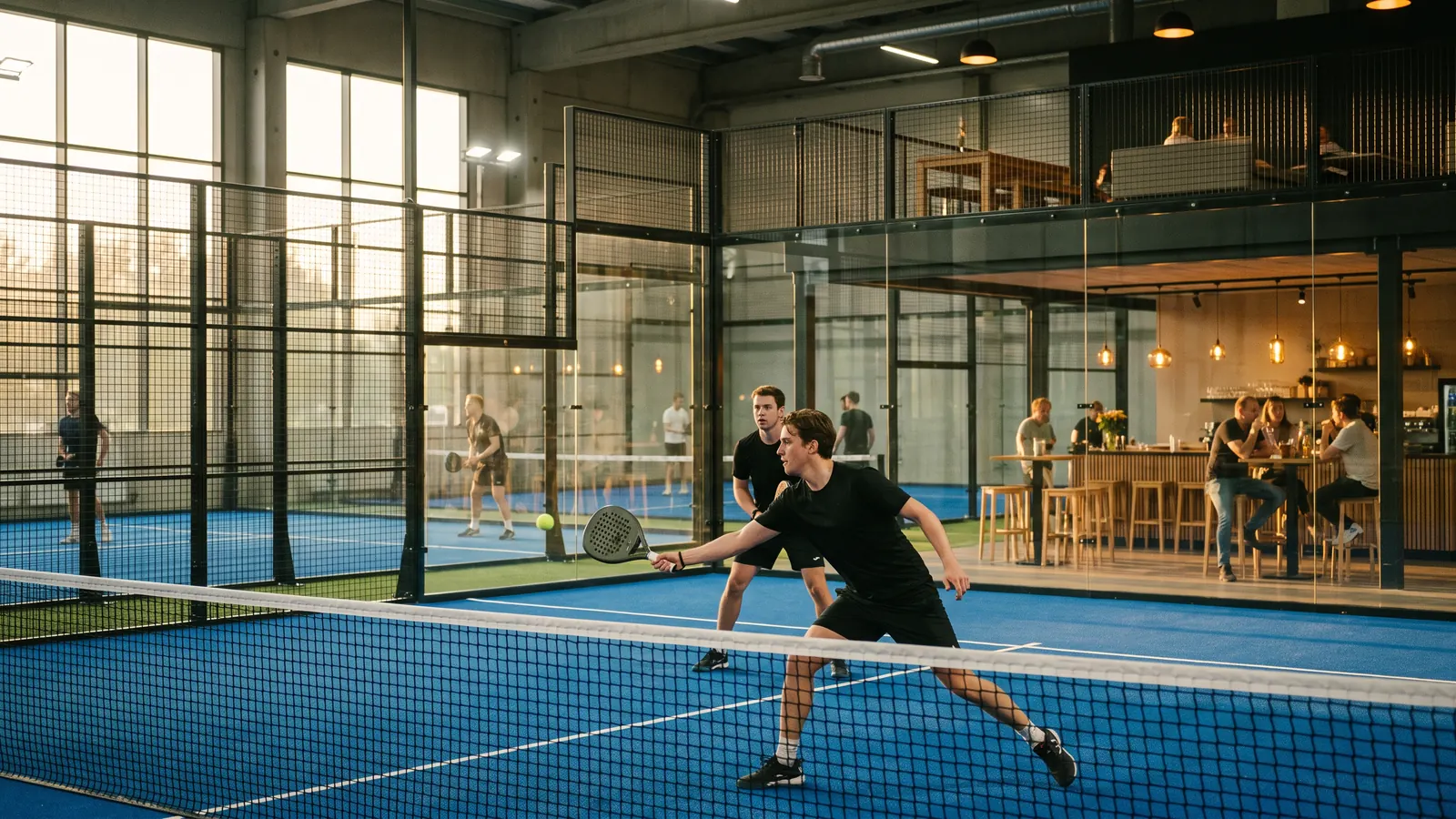 a modern indoor padel centre with several blue glass courts, a bar and seating area overlooking the courts, warm evening light, a few social