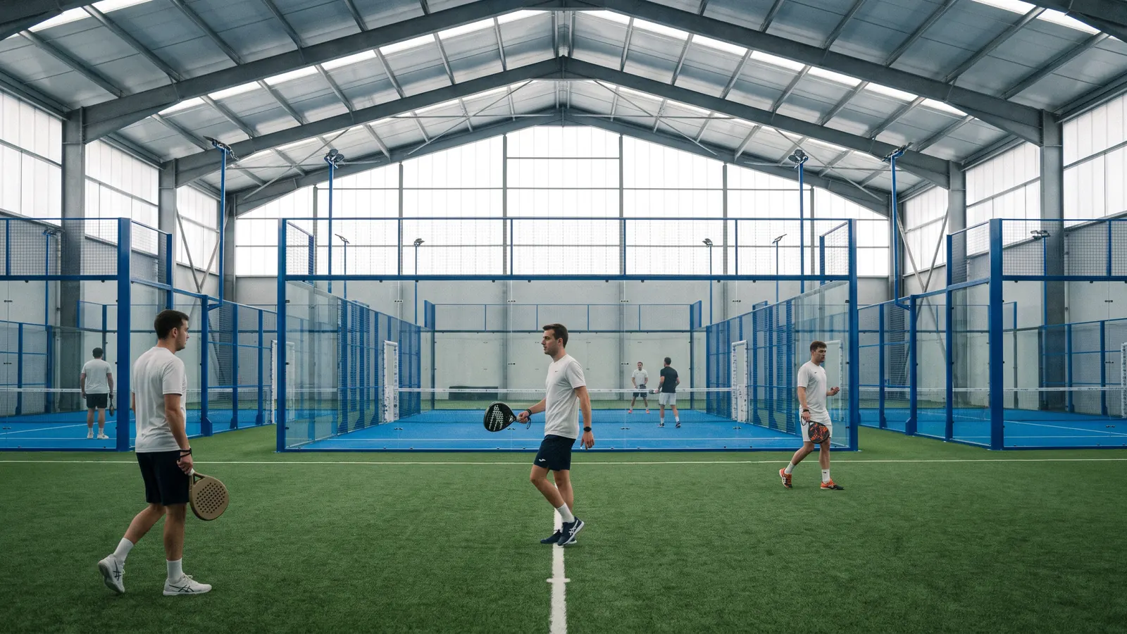 a newly built indoor padel centre with five blue glass courts under a high steel roof, a few players warming up, soft daylight