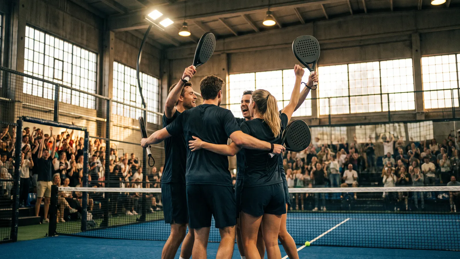 four padel players in matching team shirts celebrating together on a glass padel court inside a packed indoor arena, dramatic lighting