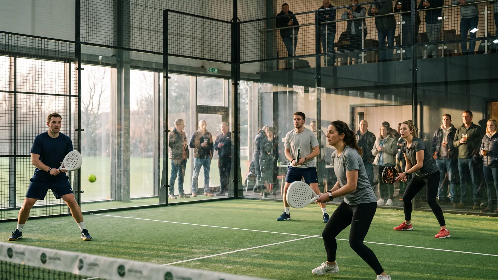 a padel doubles match on an indoor glass court at a busy British club tournament, spectators watching behind the glass, evening