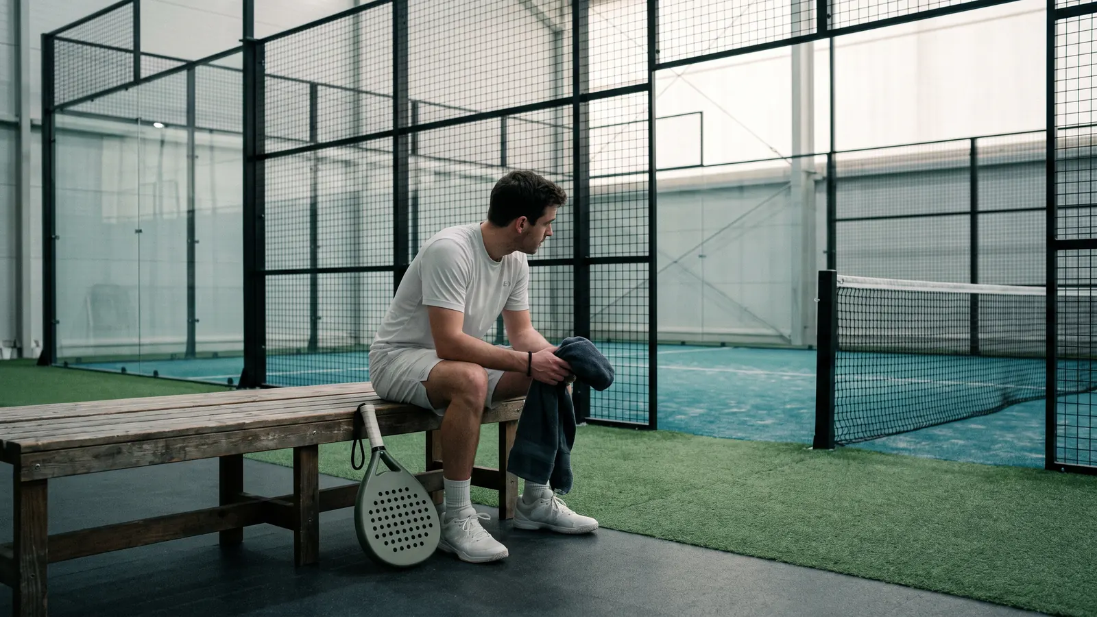 a padel player sitting alone on a courtside bench holding a towel, an empty indoor glass padel court behind under arena lights