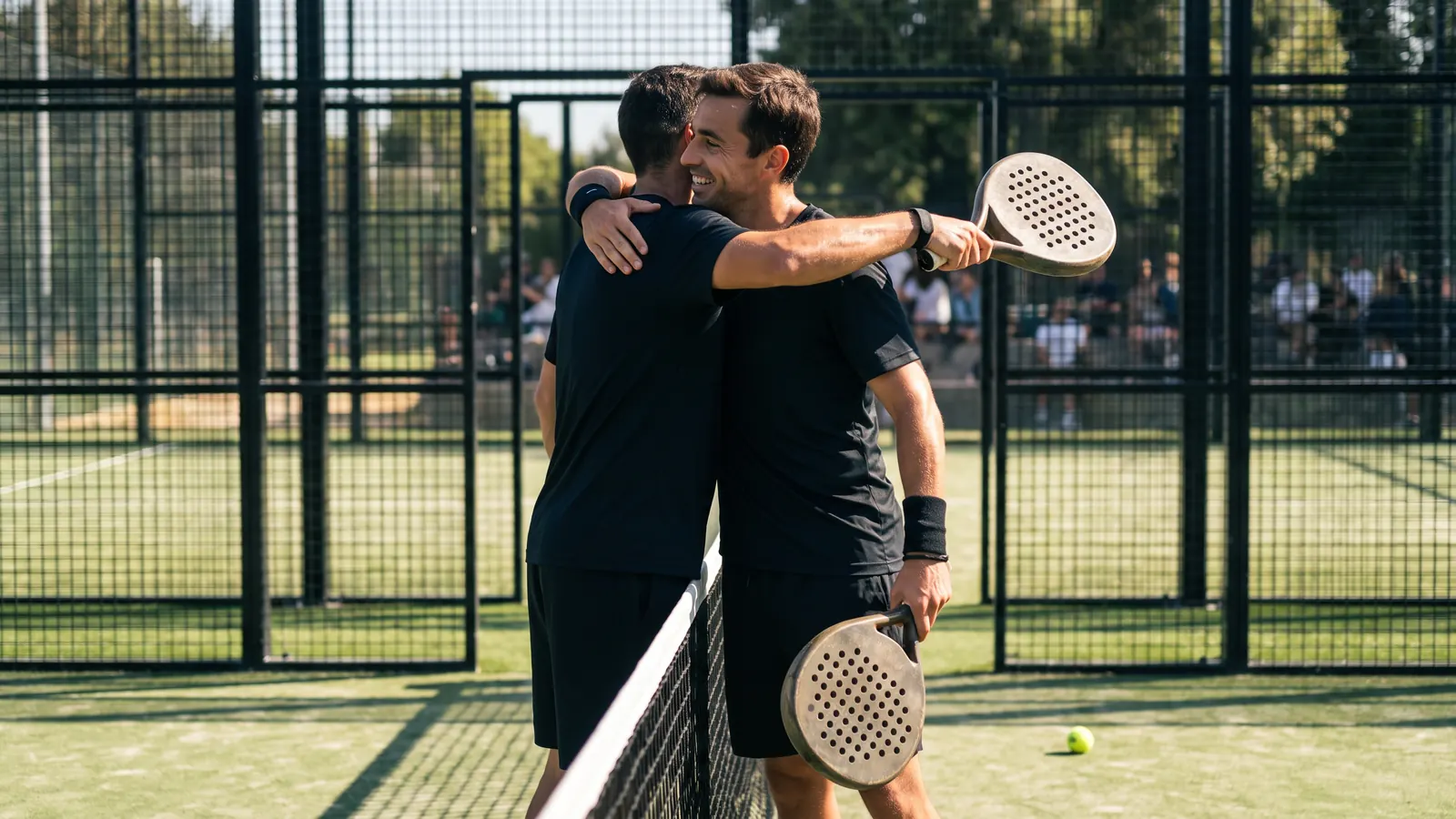two padel players embracing at the net after winning a final on an outdoor glass padel court in bright sunshine, solid perforated rackets in