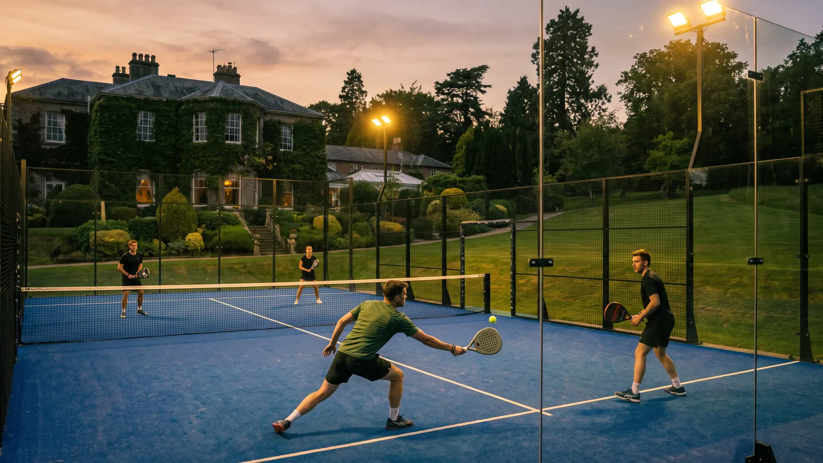 a single outdoor glass padel court beside a country hotel garden at dusk, trees and lawn around it, warm floodlights