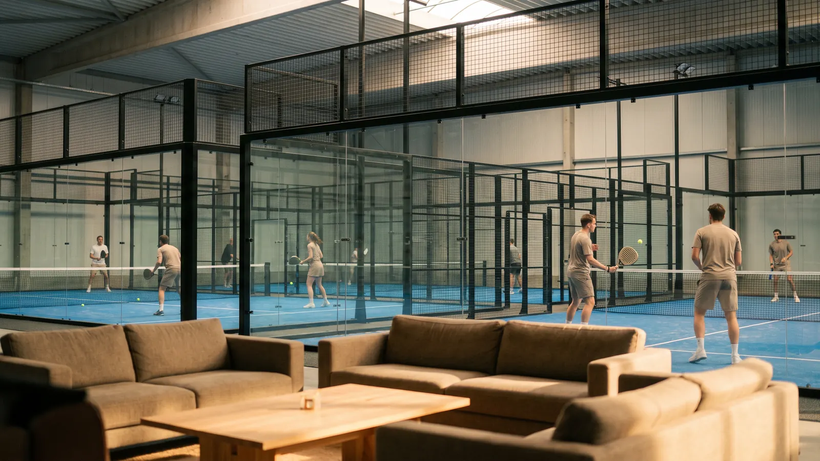 a modern indoor padel centre with six blue glass-walled courts under a high warehouse roof, warm lighting, a lounge area with sofas in the f