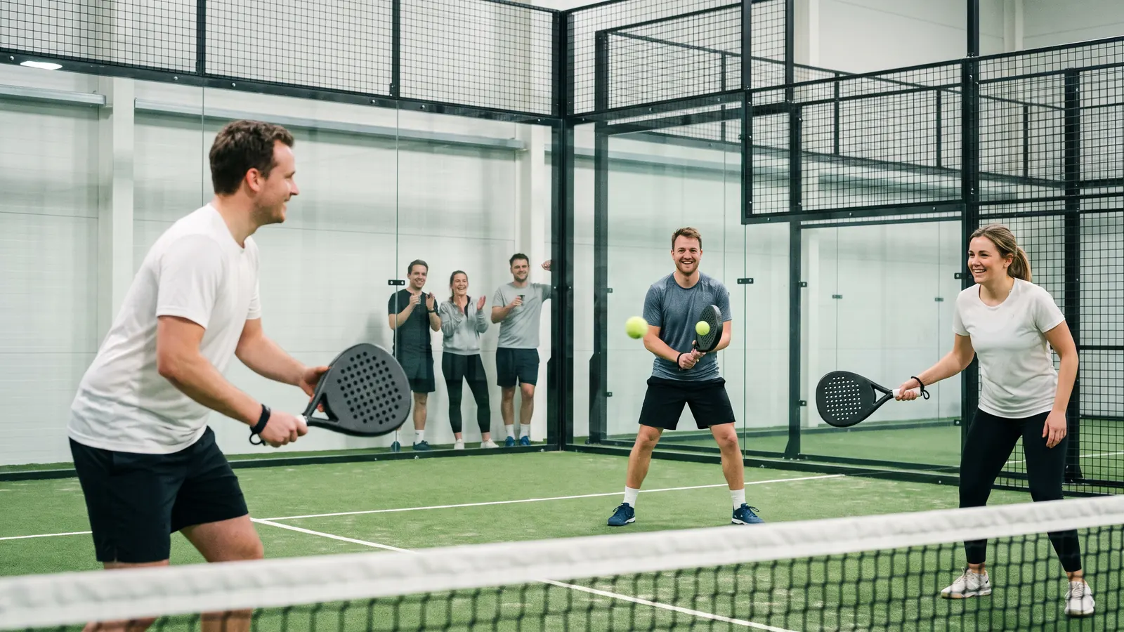 friends playing a relaxed doubles game on a brand-new indoor padel court on opening day, smiling, a small group watching from behind the gla