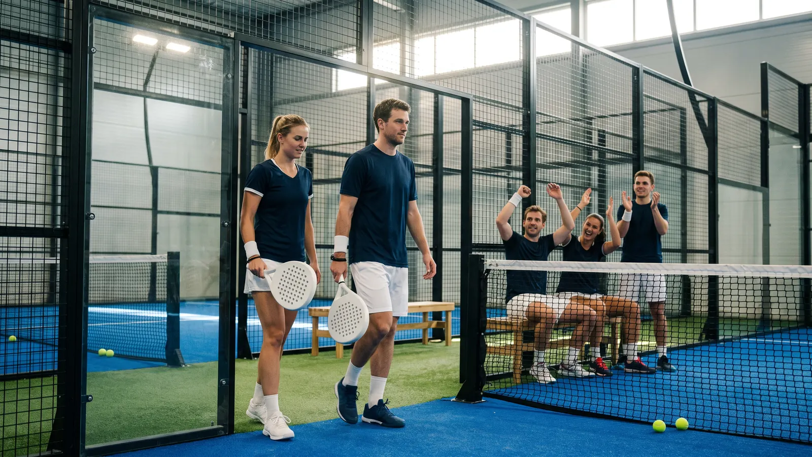 national team padel players walking onto an indoor glass court with teammates cheering from the bench, arena lighting