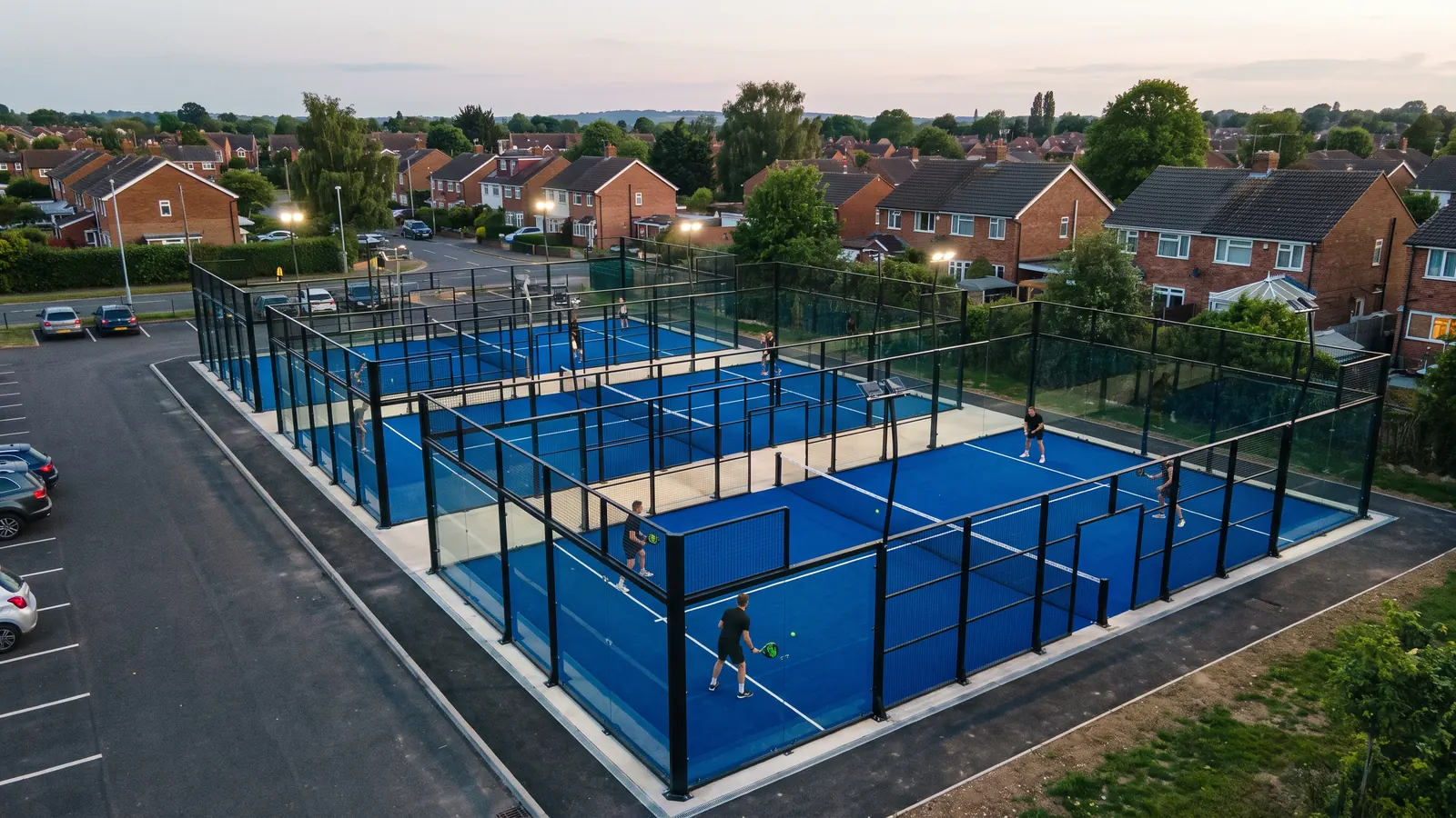 an aerial view at dusk of a row of new blue padel courts with glass walls beside a car park on the edge of a British town