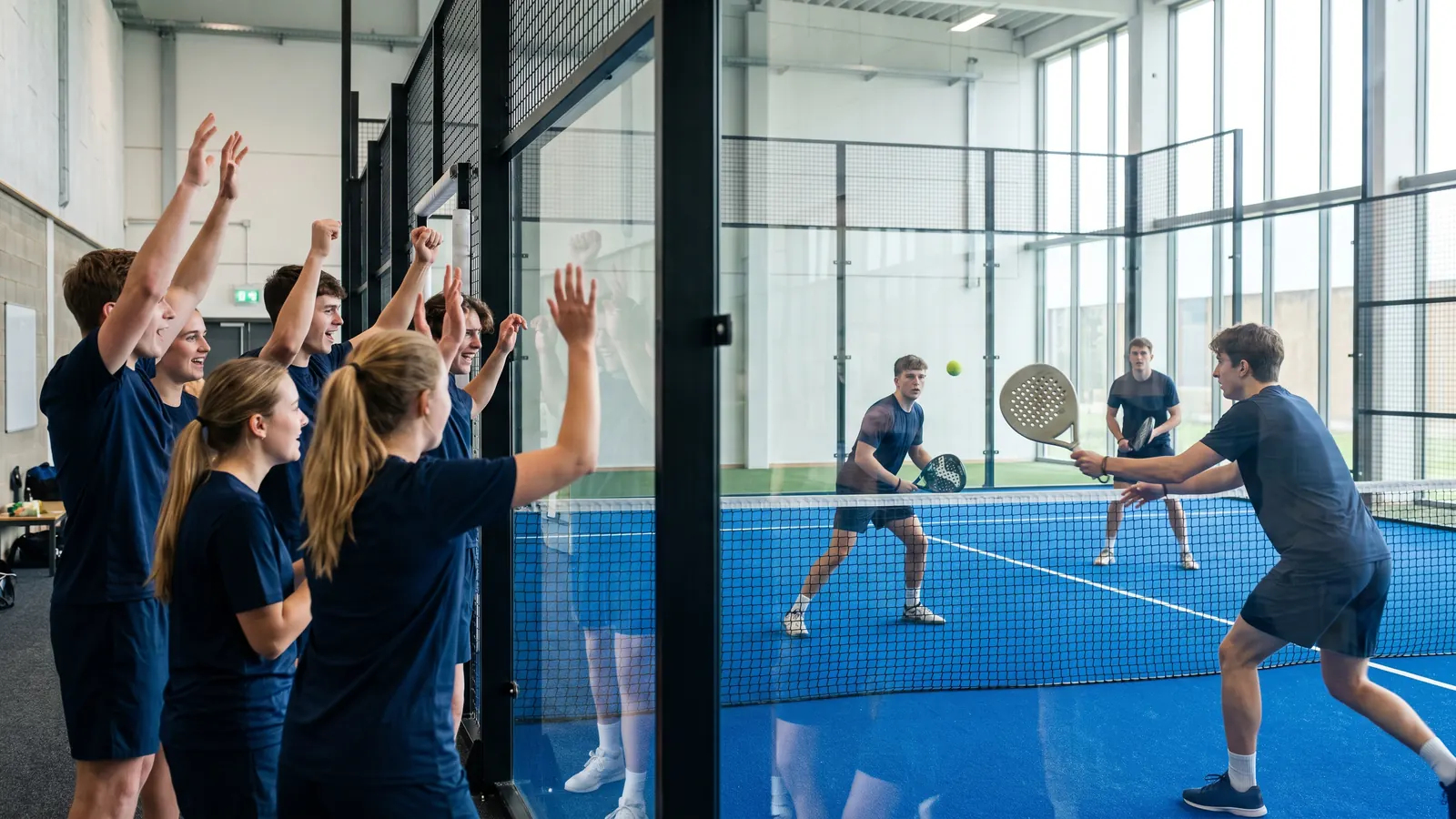 a group of university students in matching plain team shirts cheering beside an indoor padel court during a doubles match, glass walls and b