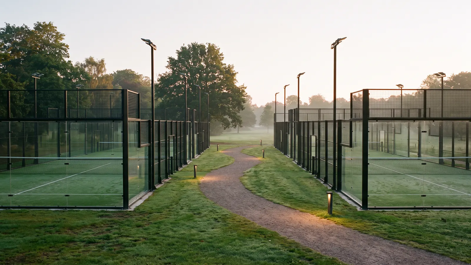 six new outdoor panoramic glass padel courts in a green park at dawn, floodlights on tall poles, low path lights, no people