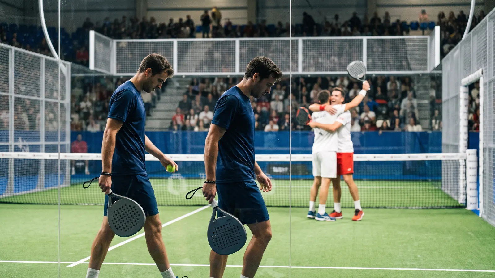 a disappointed padel pair walking off an indoor arena court while their opponents celebrate at the net, bright arena lighting, glass walls, 