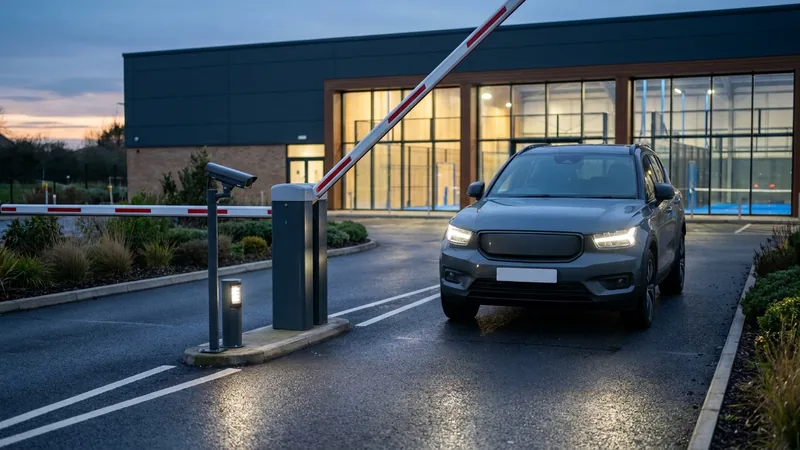 A car arriving at a padel club's car park barrier at dusk, with a number-plate camera beside the lane