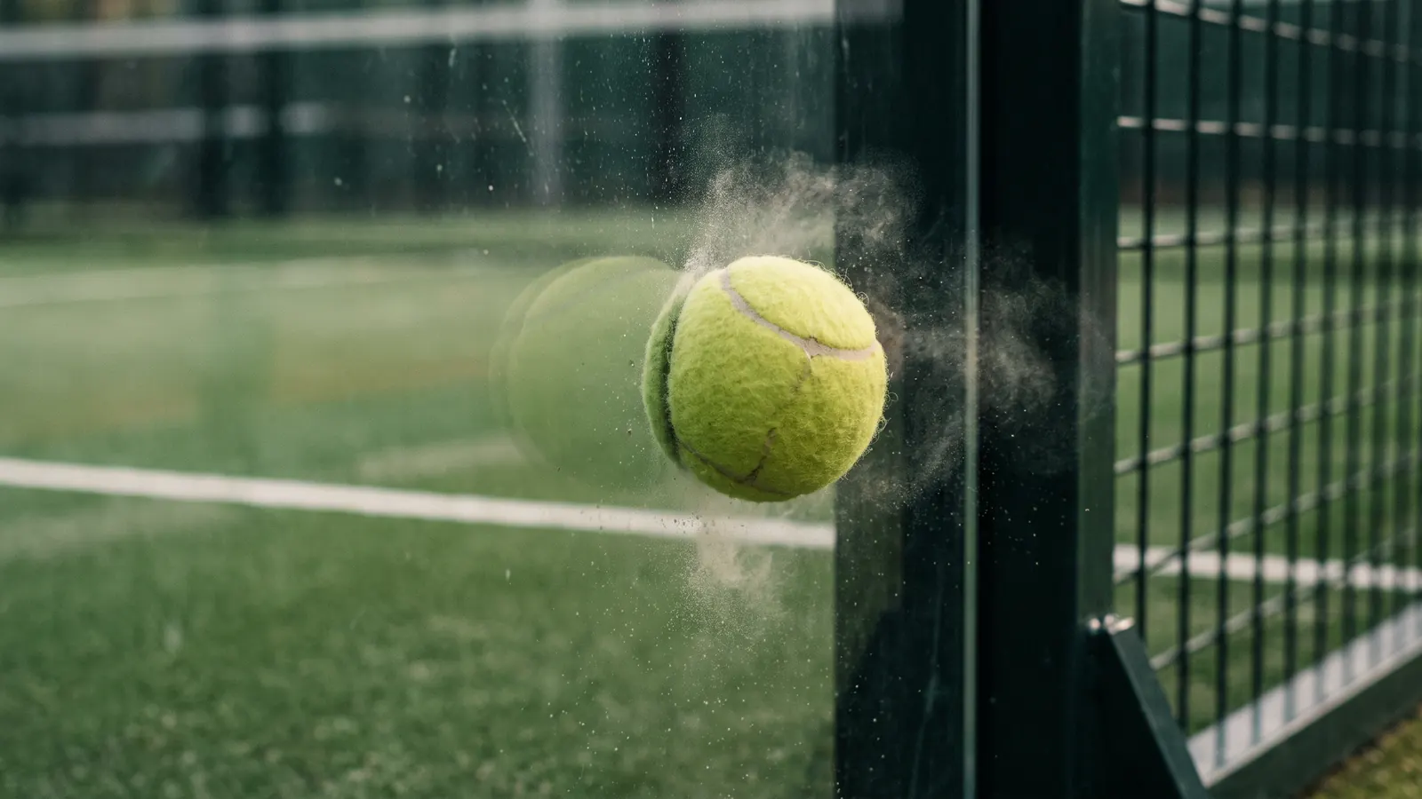 A padel ball squashing against the glass wall