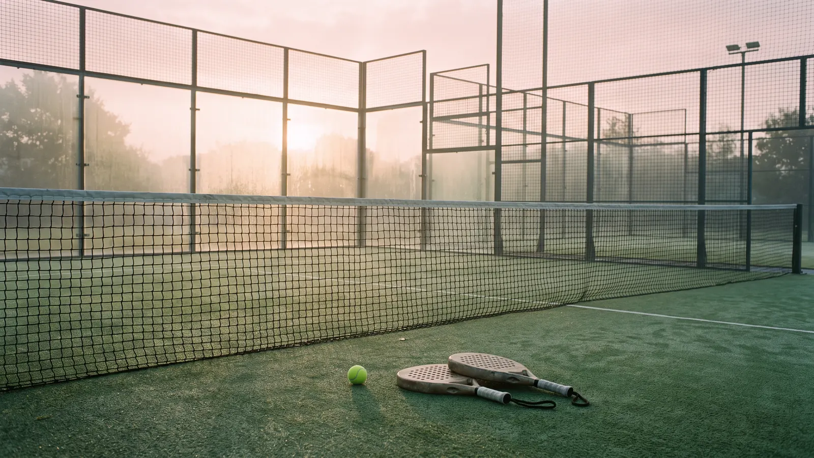 An empty court at dawn with rackets and a ball by the net