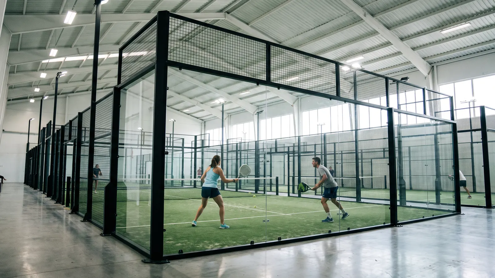 A bright indoor padel centre with a row of glass courts