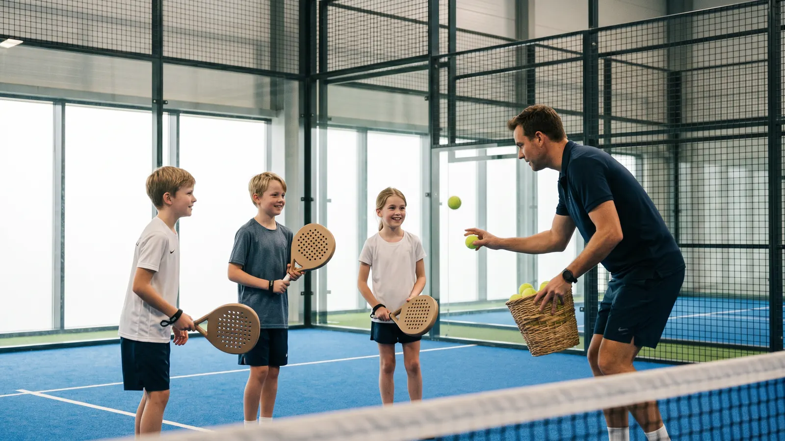 A coach feeding balls to three young players