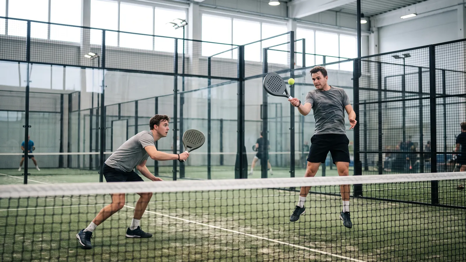 Two opponents at the net during a volley exchange