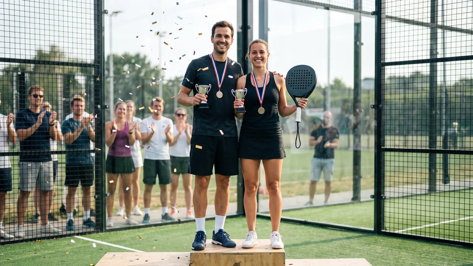 A winning pair with trophies and medals on a podium