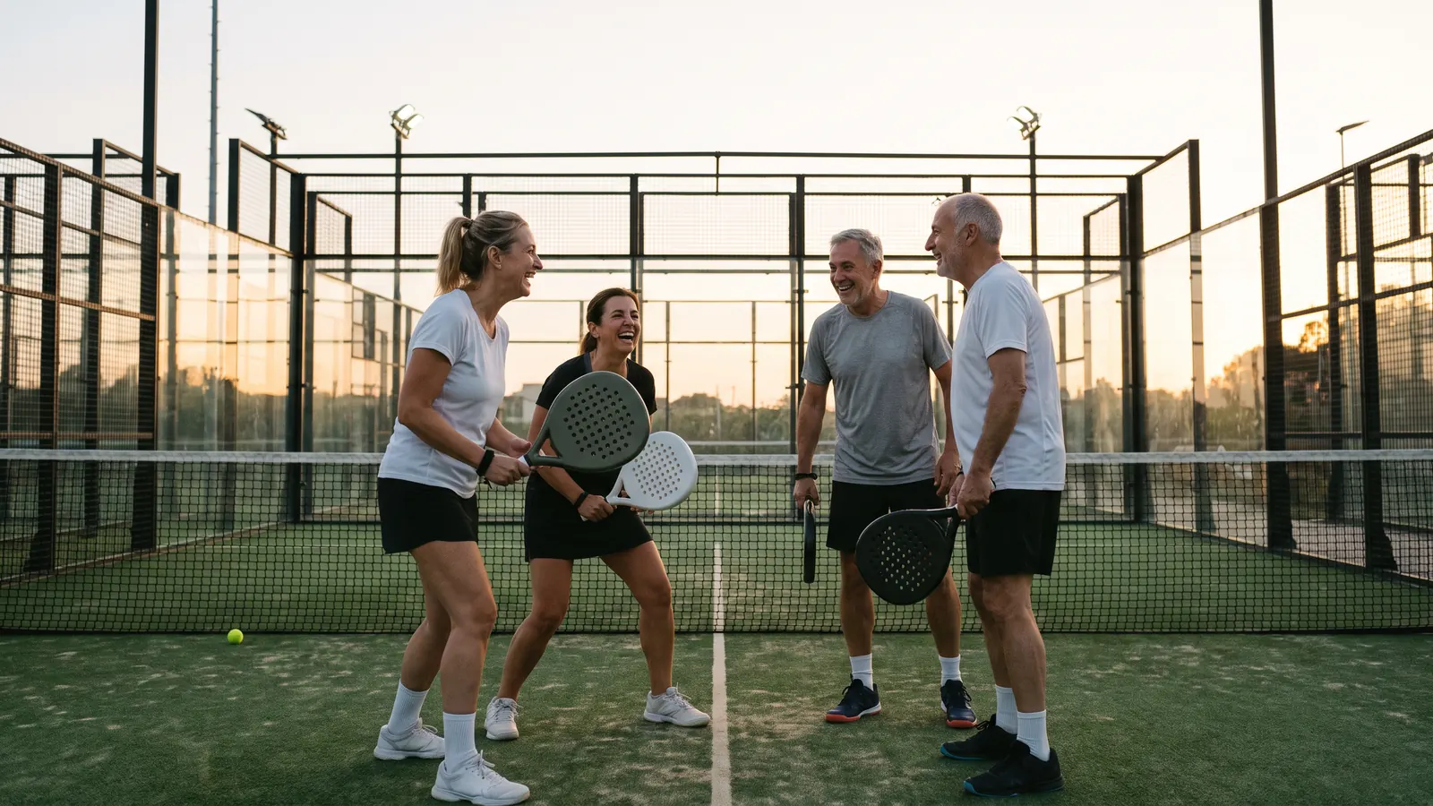 Friends chatting at the net during a social game at sunset