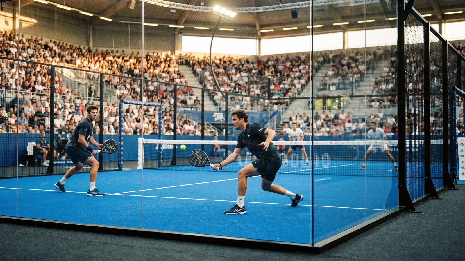 A packed tournament arena around a blue glass court