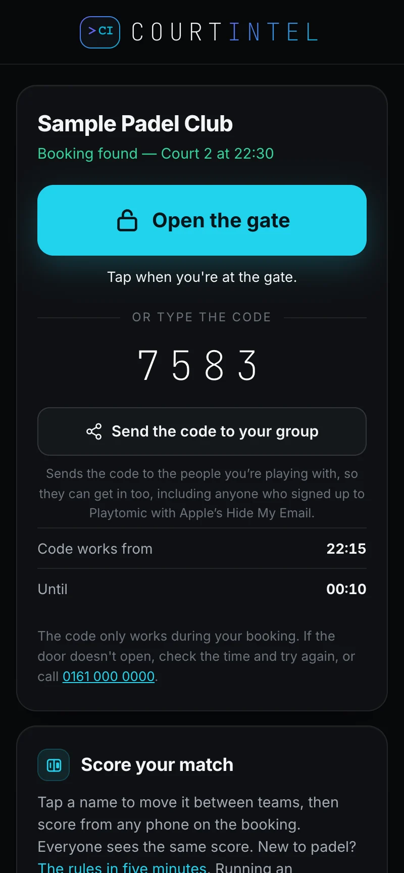 The player's phone page: open the gate, the entry code and the match scorer