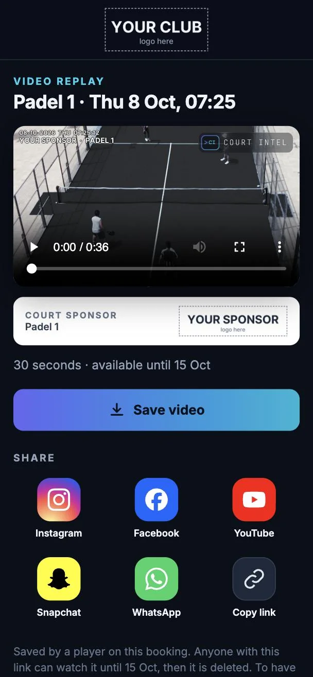 A replay on a player's phone: padel on a black court, the court sponsor in the picture and under the clip, with Save video and share buttons