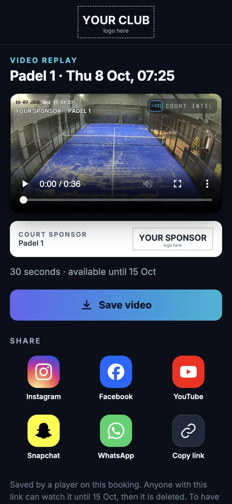 The replay page on a phone: the clip, the court sponsor, Save video and share buttons
